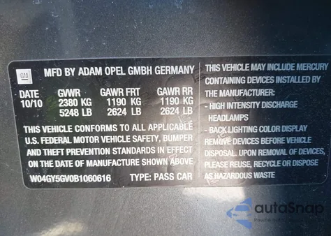 2011 Buick Regal Cxl Turbo Russelsheim z USA, uszkodzony, nr VIN W04GY5GV0B1060616